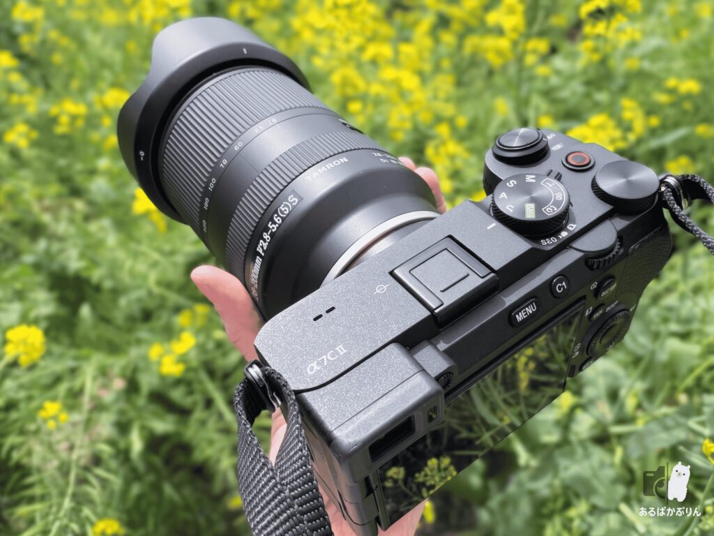 APEX PASSでレンタルしたSONY α7C IIと28-200mm F/2.8-5.6 Di III RXD（Model A071）（ソニーE）を手に持って撮影している様子