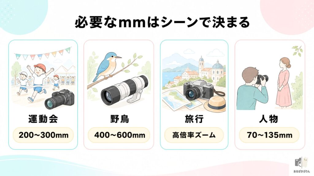 望遠レンズに必要なmm数を撮影シーン別に示した早見表