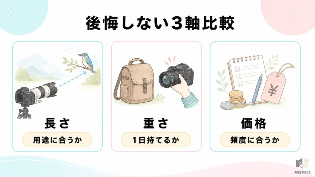 望遠レンズを選ぶときの3軸（焦点距離・明るさ・重さ）を比較した図