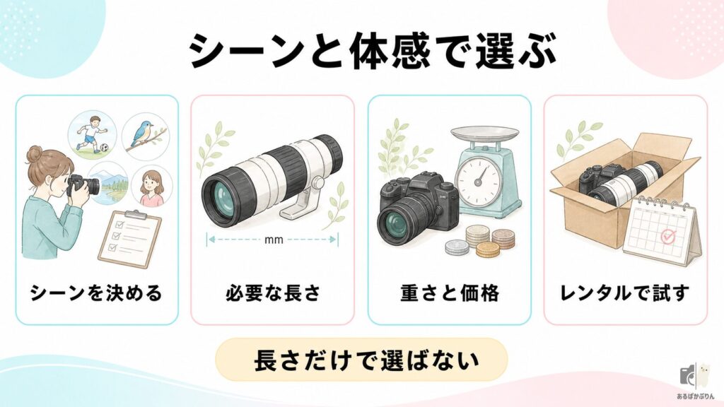 望遠レンズはシーンと体感で選ぶことが大切というまとめ図