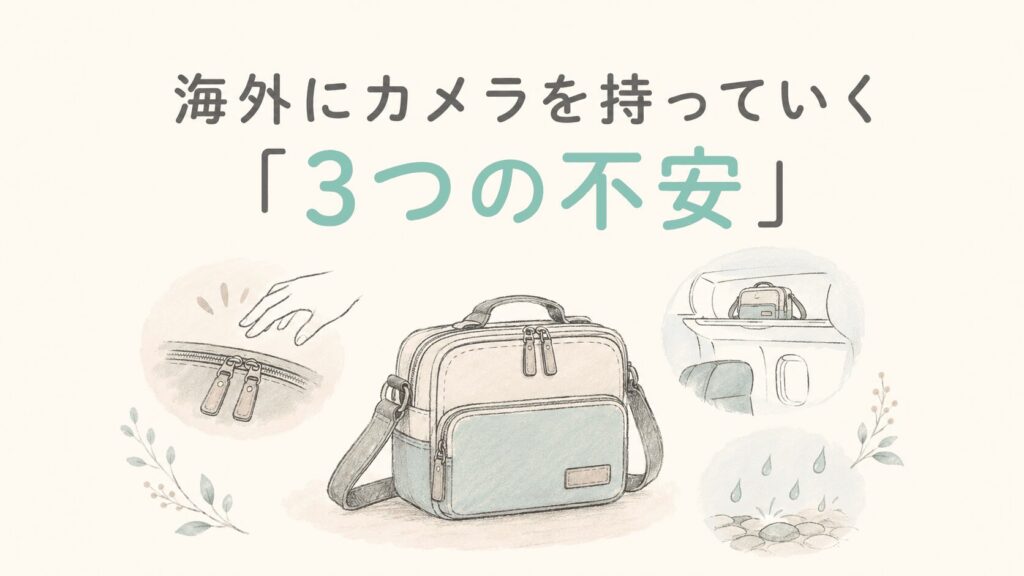海外にカメラを持っていく3つの不安を表したイラスト。カメラバッグに伸びる手と機内の収納棚