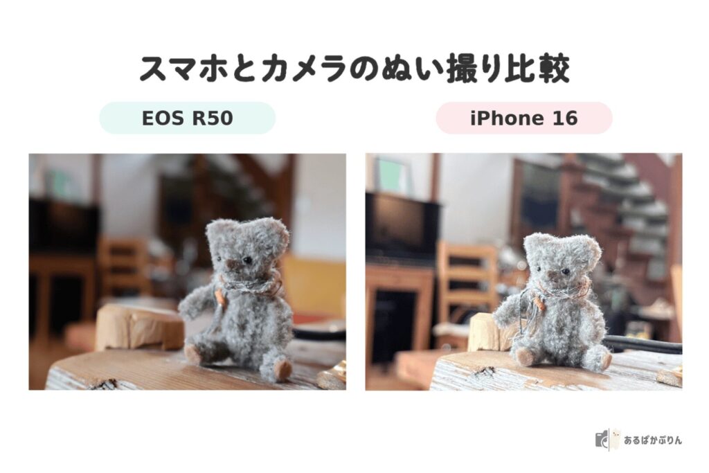 ぬい撮りのコツ5つ！スマホでかわいく撮る方法とおすすめカメラ・レンタルを紹介：カメラとスマホで撮ったぬい撮りの写り比べ