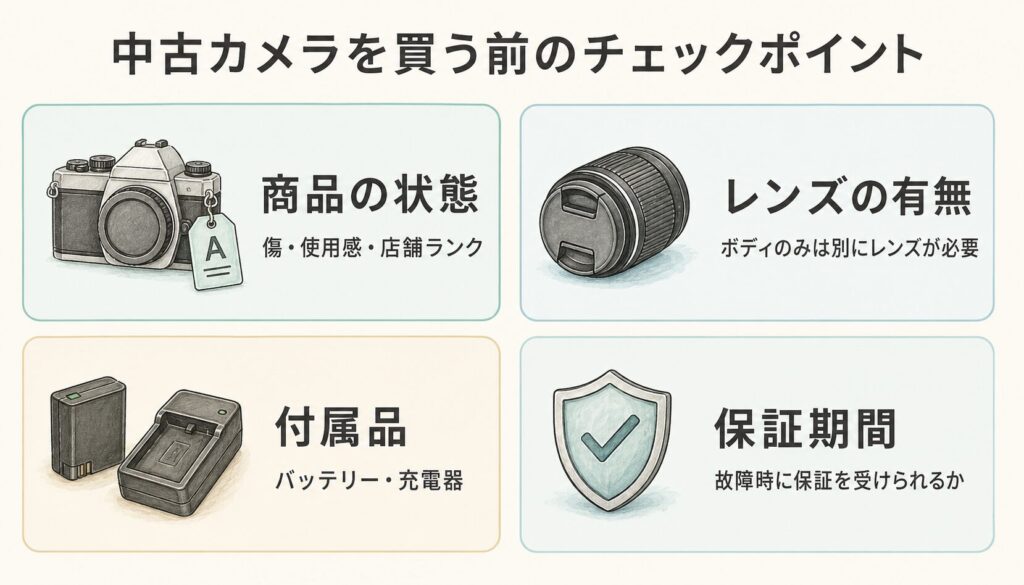 中古は保証のあるカメラ専門店で選ぶ カメラが高くて買えない 中古カメラを買う前に確認したい商品の状態・レンズの有無・付属品・保証期間