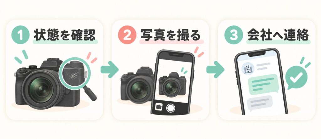 カメラの状態確認、写真撮影、レンタル会社への連絡を示す3ステップ