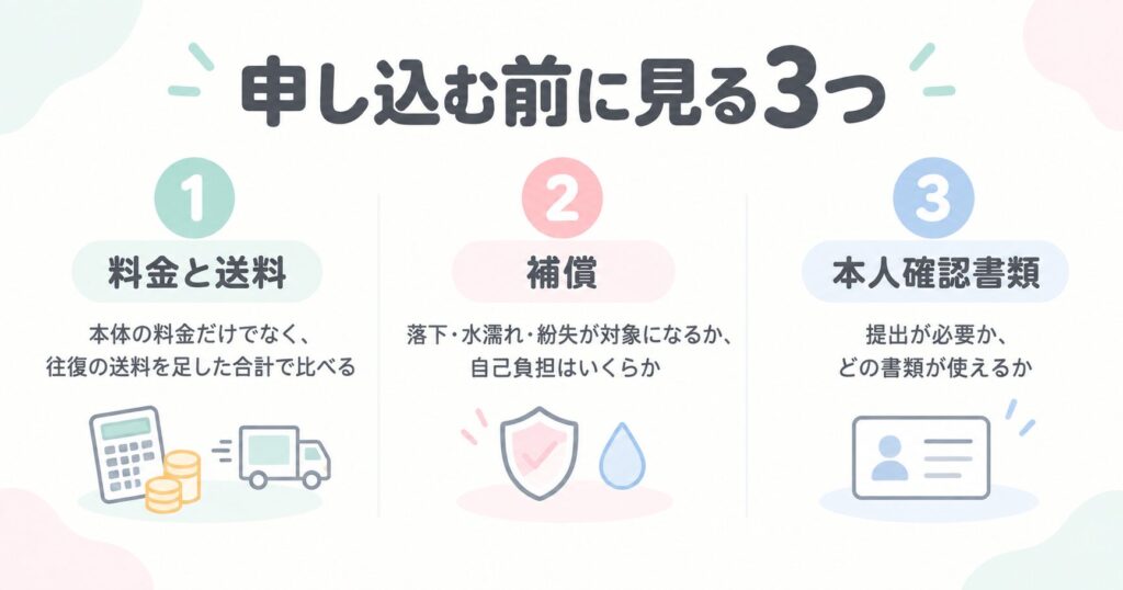  申し込む前に、料金・送料・補償を確認する
