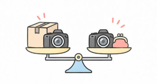 カメラのレンタルと購入を比較するイラスト