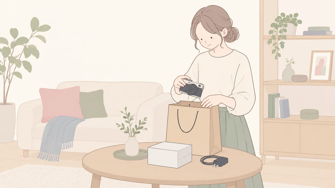 使わないカメラを手放す前に、箱と充電器をそろえて紙袋に入れる女性