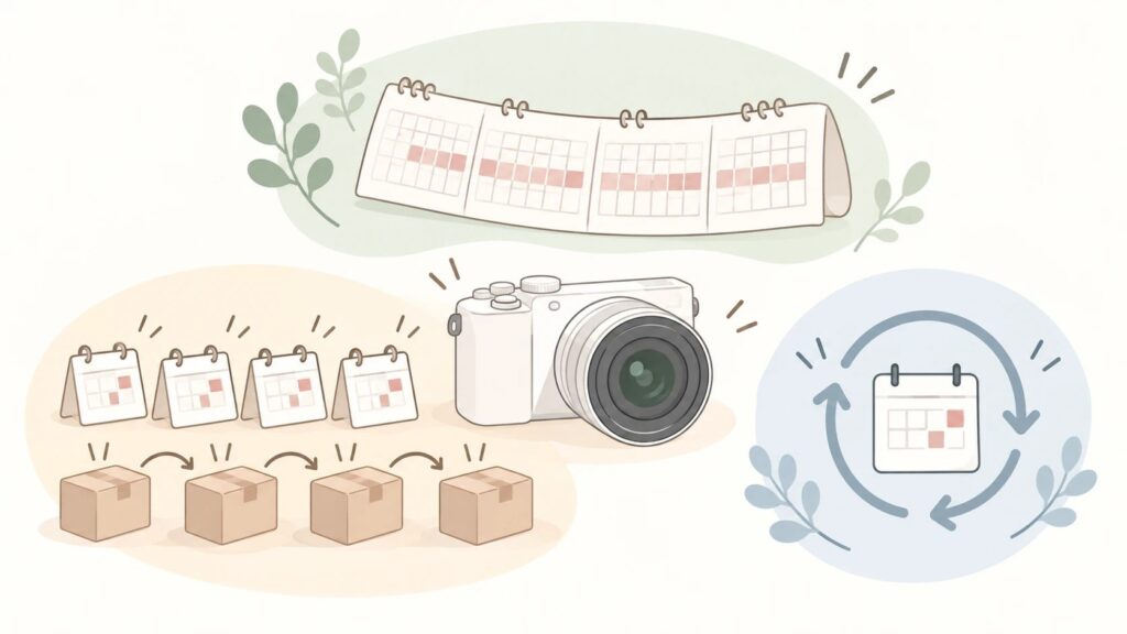 カメラレンタル1ヶ月を3通りで比較するイメージ