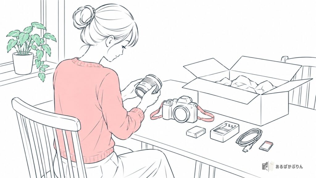 届いたカメラと付属品をテーブルに並べて確認する女性