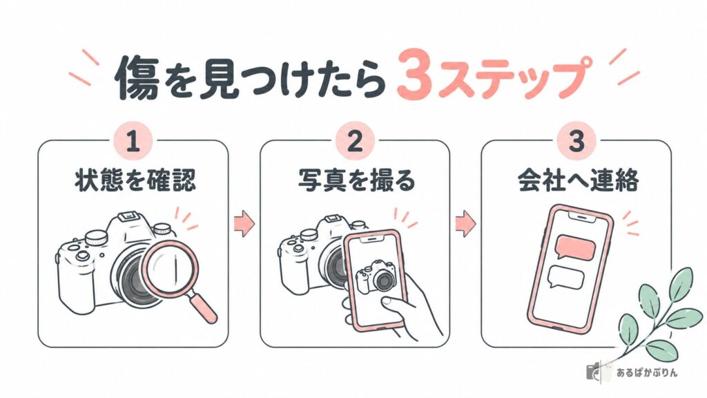 傷を見つけたら、状態を確認・写真を撮る・会社へ連絡の3ステップ