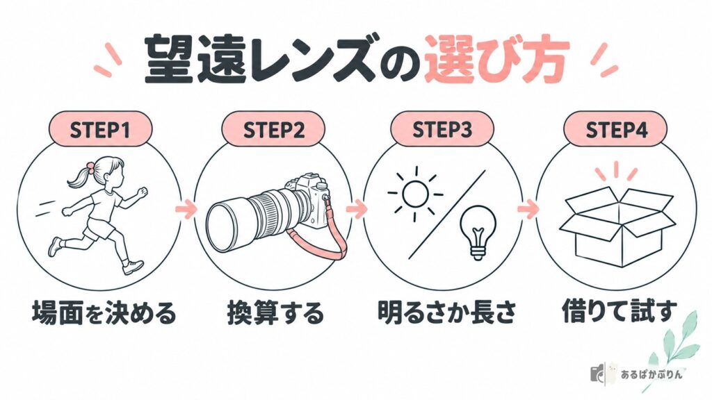 望遠レンズの選び方4ステップ（場面を決める・換算する・明るさか長さ・借りて試す）の図