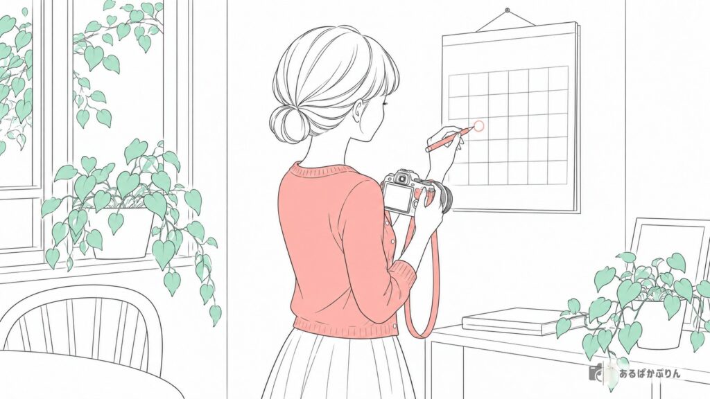 カメラを持ってカレンダーに印をつける女性