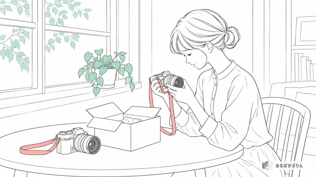 届いた別のカメラを手に取って見比べる女性