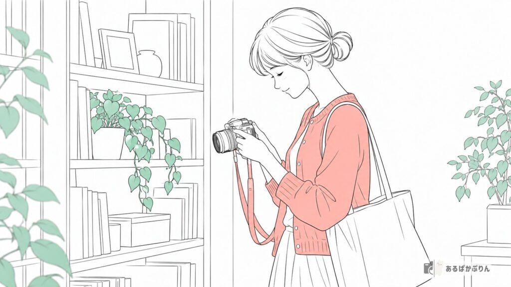 棚から取り出したカメラを手に出かける女性