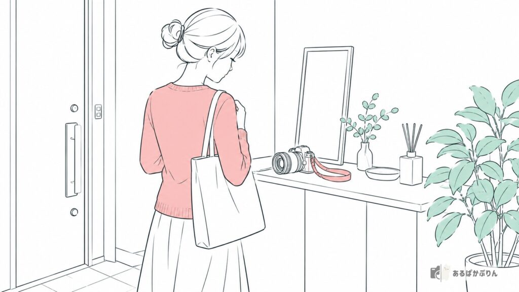 玄関の棚に置いたままのカメラを見下ろす女性