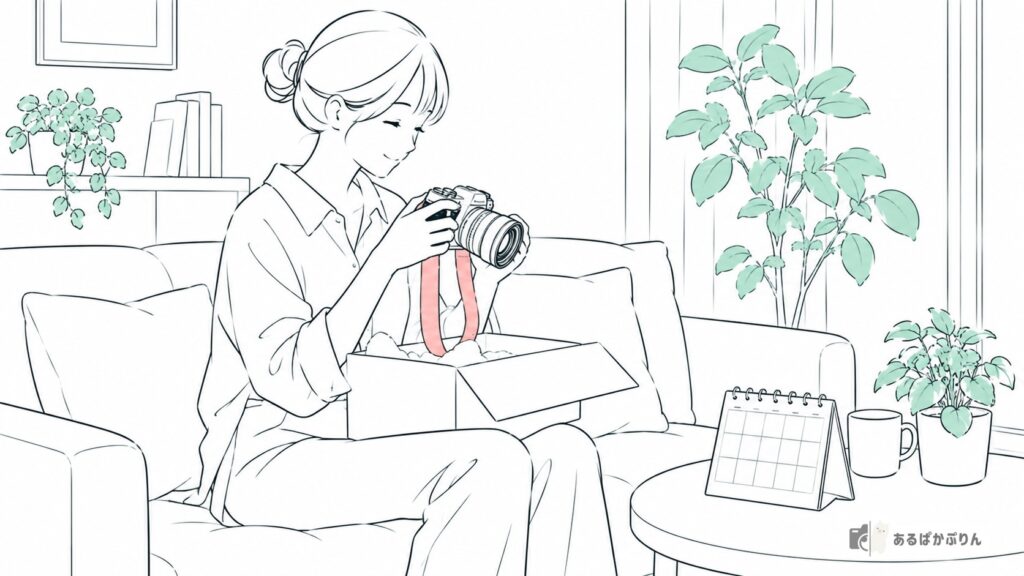 届いた箱からカメラを取り出す女性