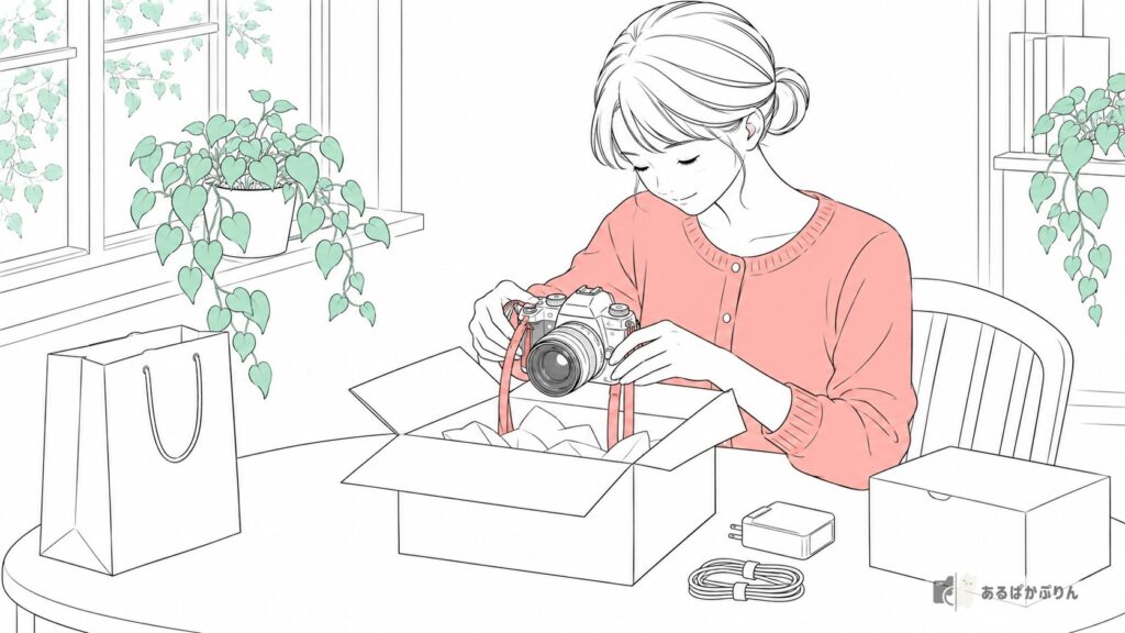 手放す前にカメラを箱に入れ、充電器もそろえる女性